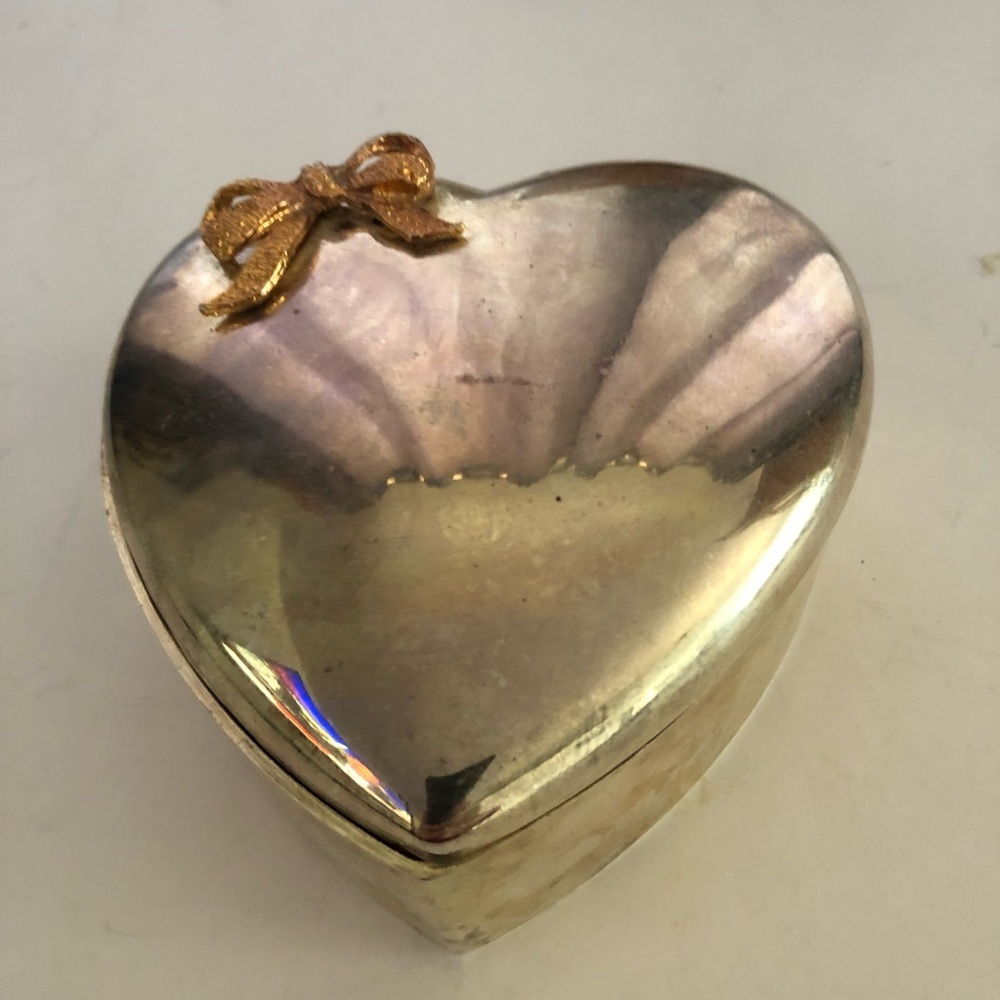 Vintage Heart-Shaped Silver Jewelry Box with Gold Bow. Made in Hong Kong -